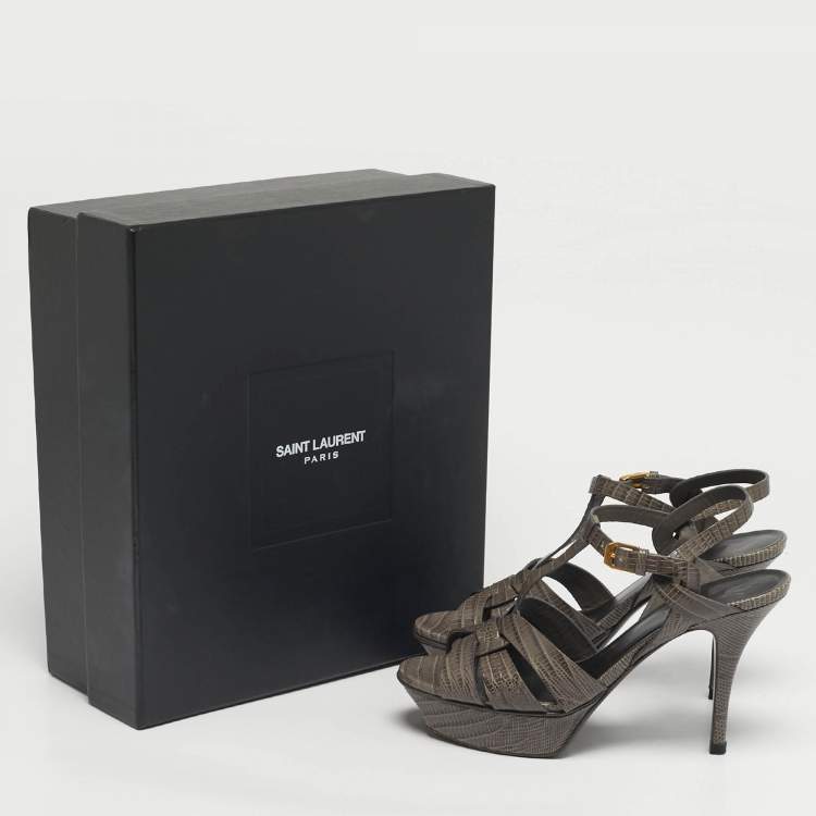 Pre Owned Saint Laurent Tribute Size 37 Grey Lizard Embossed Leather Platform Sandals