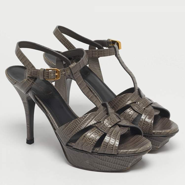 Pre Owned Saint Laurent Tribute Size 37 Grey Lizard Embossed Leather Platform Sandals