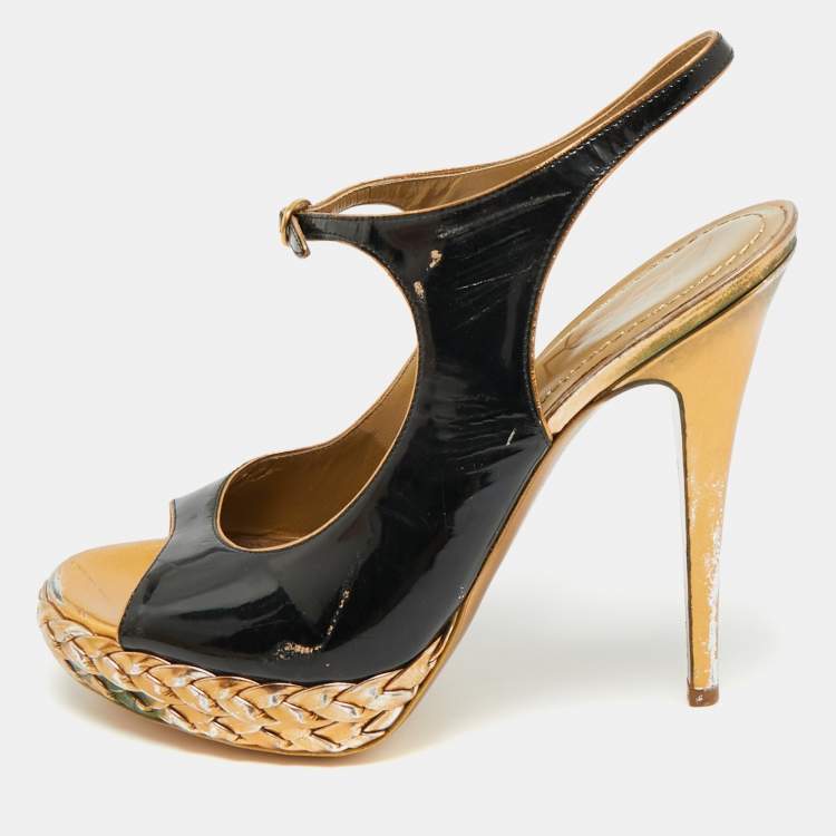 Pre Owned Saint Laurent Size 38.5 Black Patent Leather Platform Ankle Strap Sandals