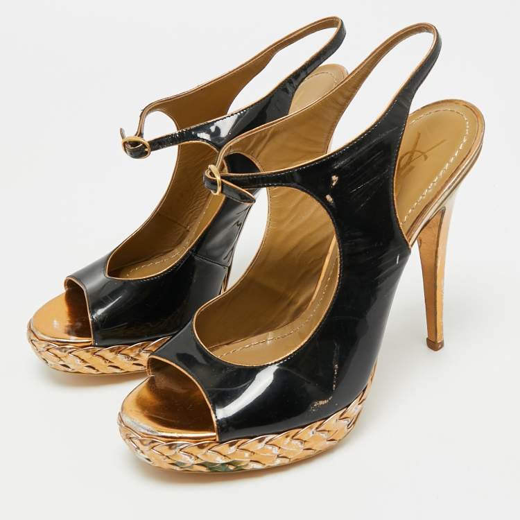 Pre Owned Saint Laurent Size 38.5 Black Patent Leather Platform Ankle Strap Sandals
