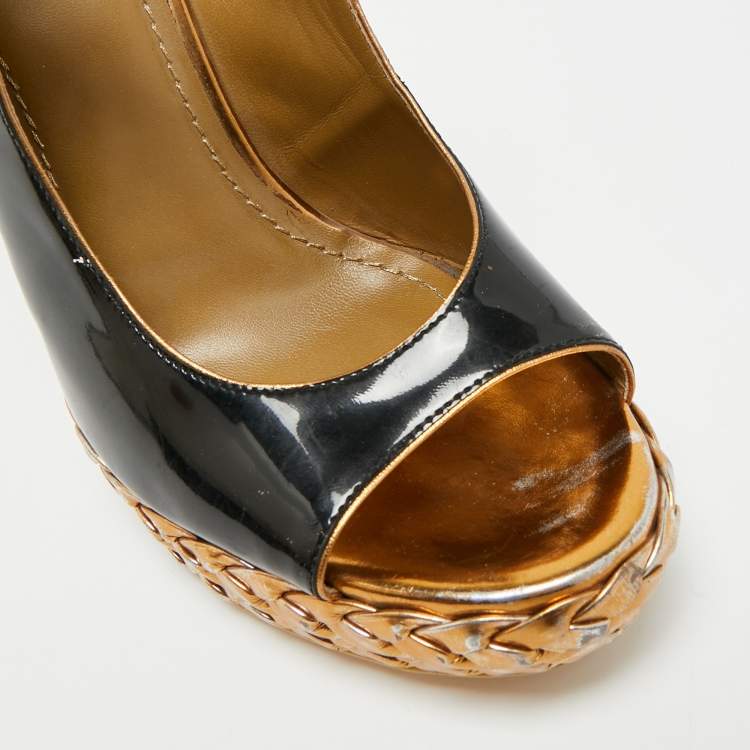 Pre Owned Saint Laurent Size 38.5 Black Patent Leather Platform Ankle Strap Sandals