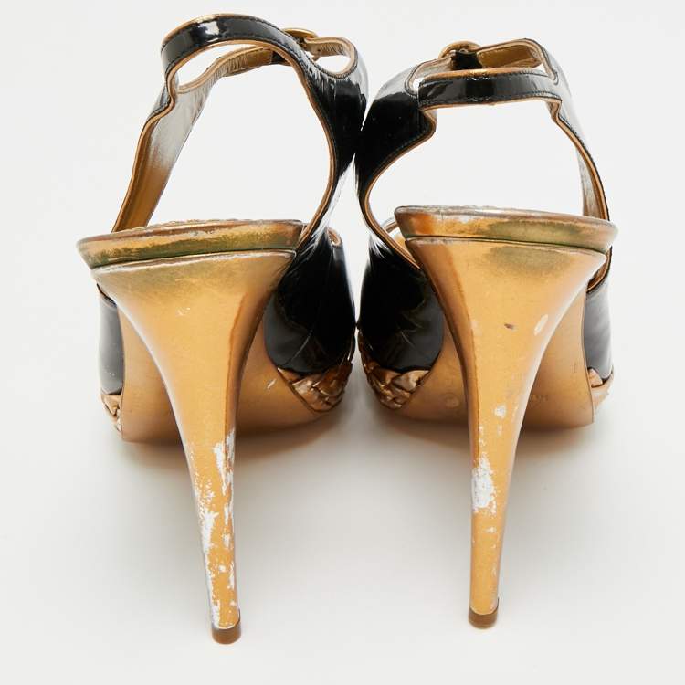 Pre Owned Saint Laurent Size 38.5 Black Patent Leather Platform Ankle Strap Sandals