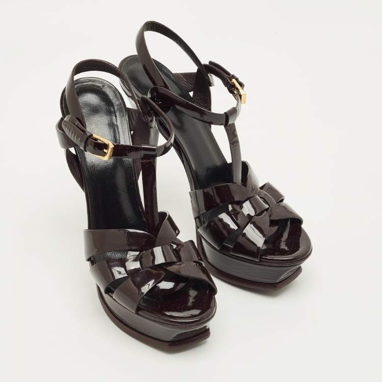 Pre Owned Saint Laurent Tribute Size 37.5 Burgundy Patent Leather Platform Sandals
