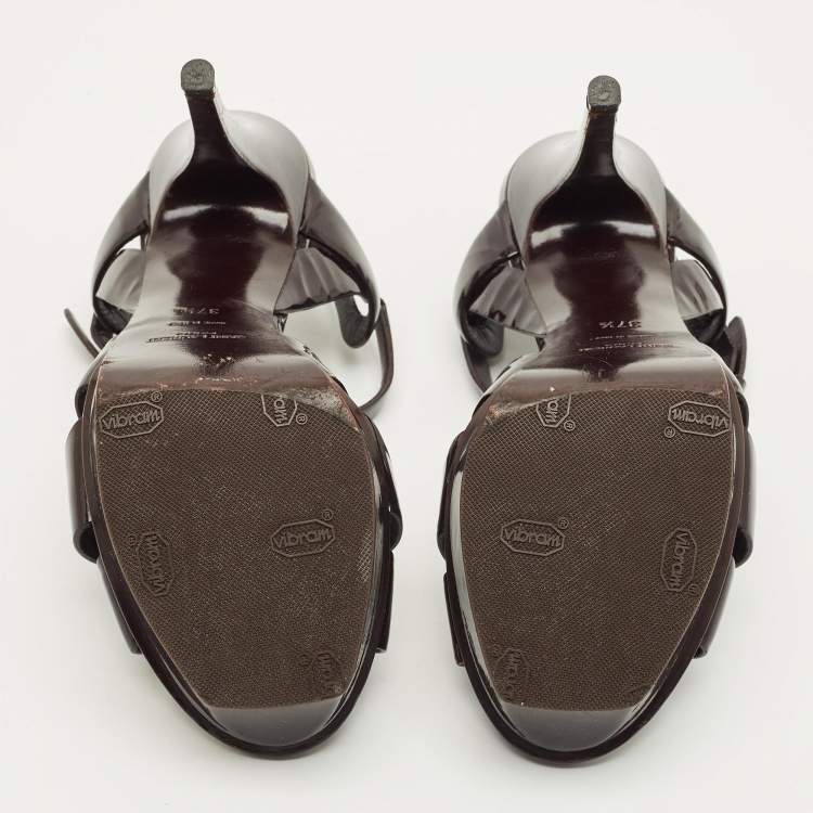 Pre Owned Saint Laurent Tribute Size 37.5 Burgundy Patent Leather Platform Sandals