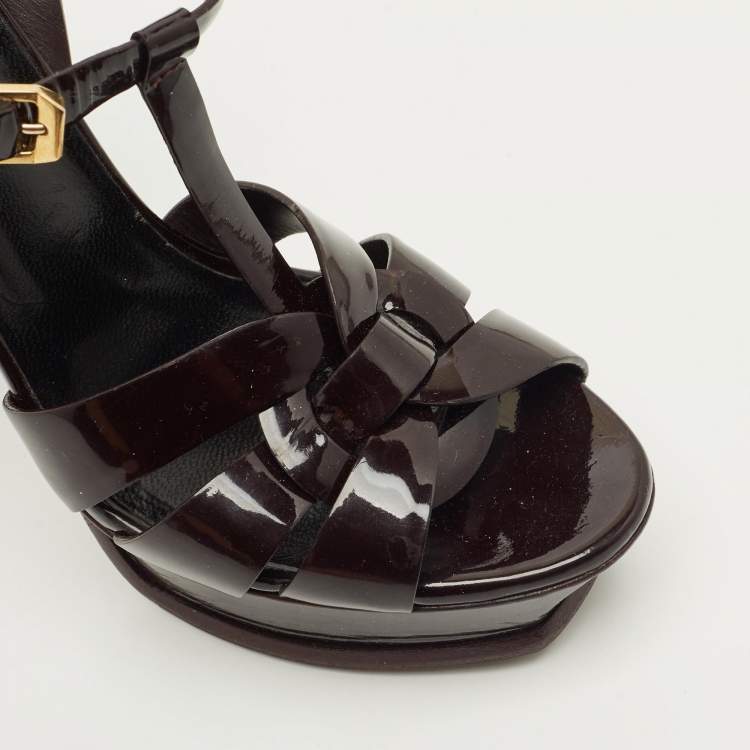 Pre Owned Saint Laurent Tribute Size 37.5 Burgundy Patent Leather Platform Sandals