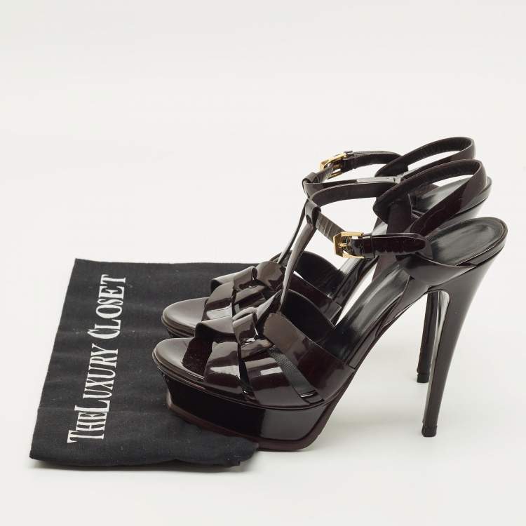 Pre Owned Saint Laurent Tribute Size 37.5 Burgundy Patent Leather Platform Sandals
