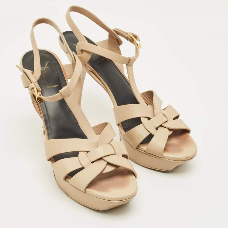 Pre Owned Saint Laurent Tribute Size 42 Beige Leather Platform Sandals