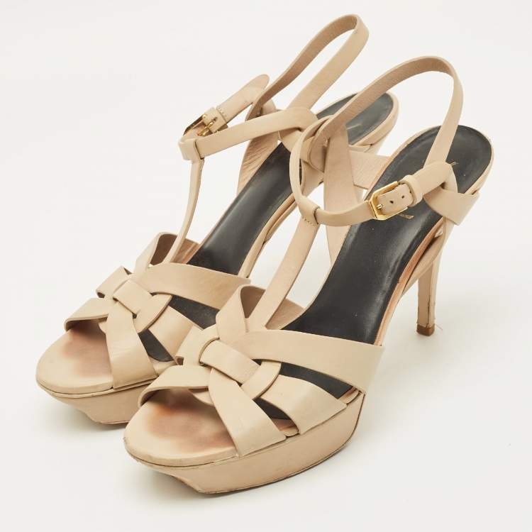 Pre Owned Saint Laurent Tribute Size 42 Beige Leather Platform Sandals