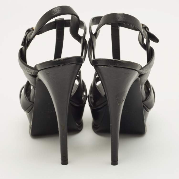 Pre Owned Saint Laurent Tribute Size 37 Black Leather Platform Sandals