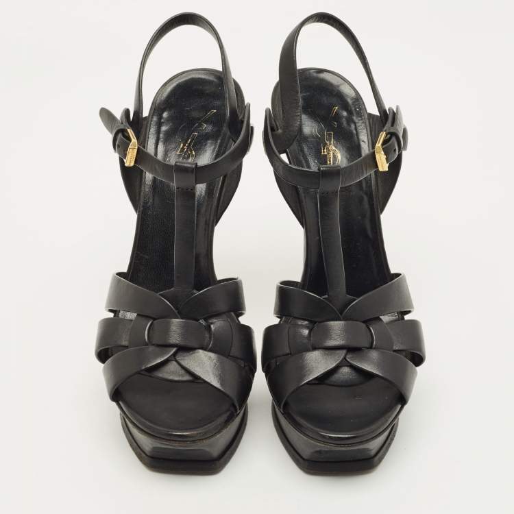 Pre Owned Saint Laurent Tribute Size 37 Black Leather Platform Sandals