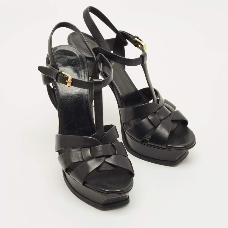 Pre Owned Saint Laurent Tribute Size 37 Black Leather Platform Sandals