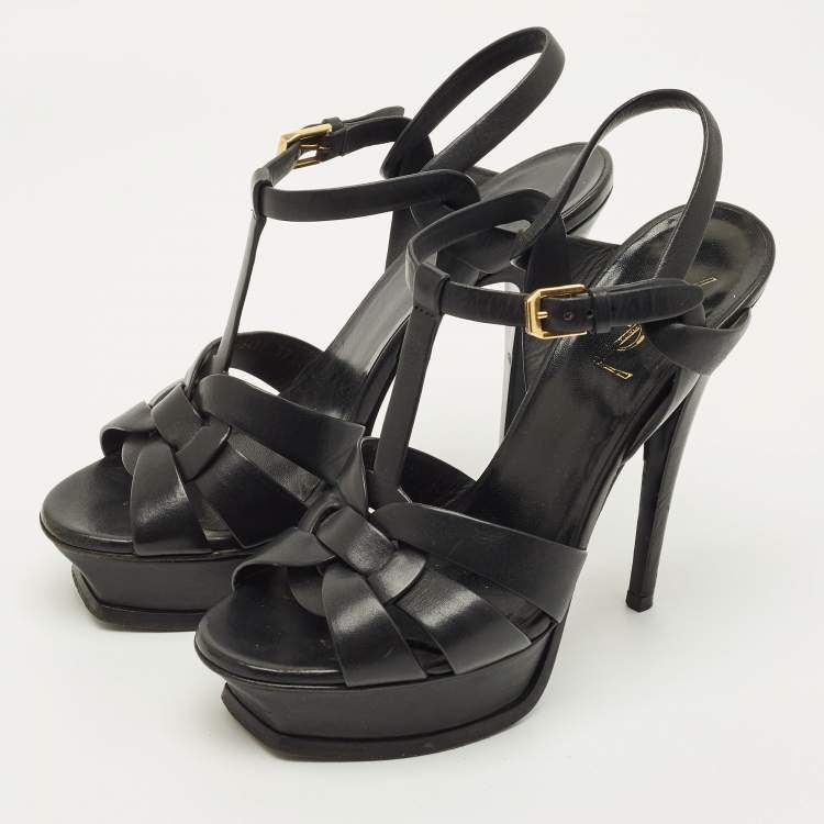 Pre Owned Saint Laurent Tribute Size 37 Black Leather Platform Sandals