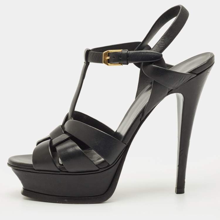 Pre Owned Saint Laurent Tribute Size 37 Black Leather Platform Sandals