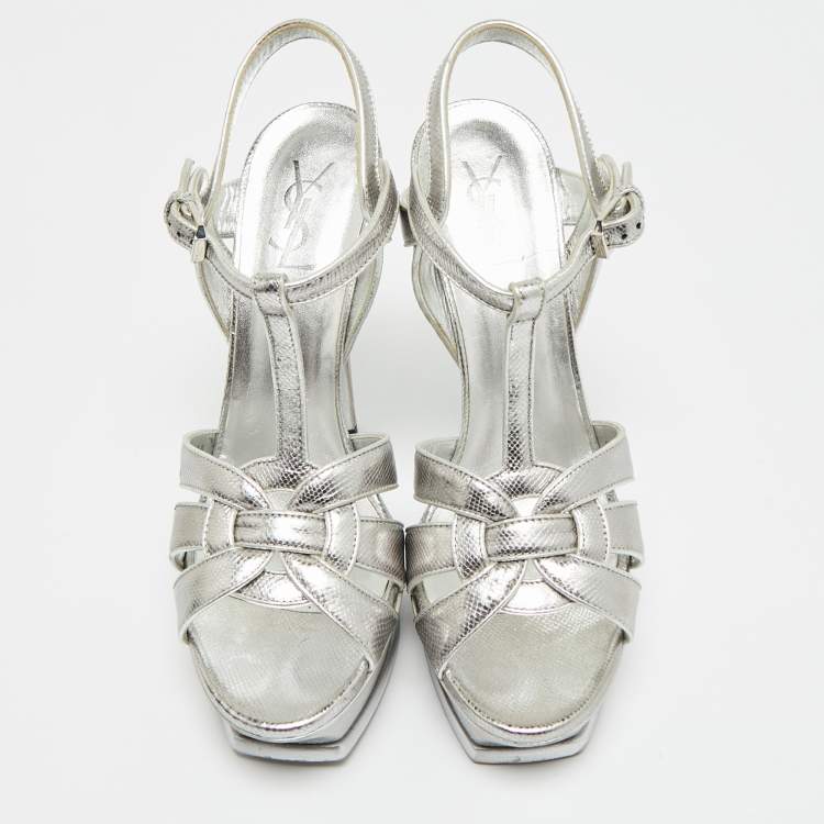 Pre Owned Saint Laurent Paris Tribute Size 40 Silver Lizard Embossed Leather Platform Sandals