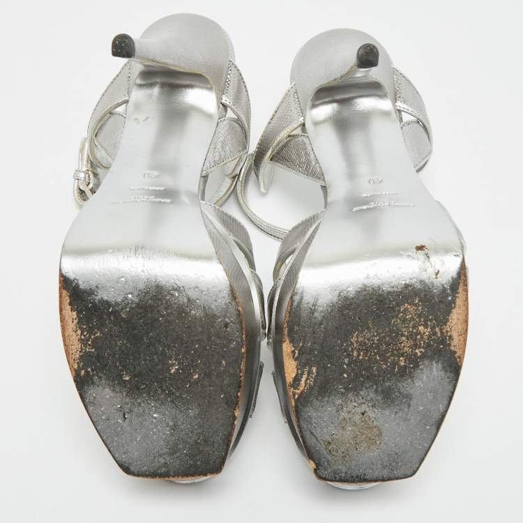 Pre Owned Saint Laurent Paris Tribute Size 40 Silver Lizard Embossed Leather Platform Sandals