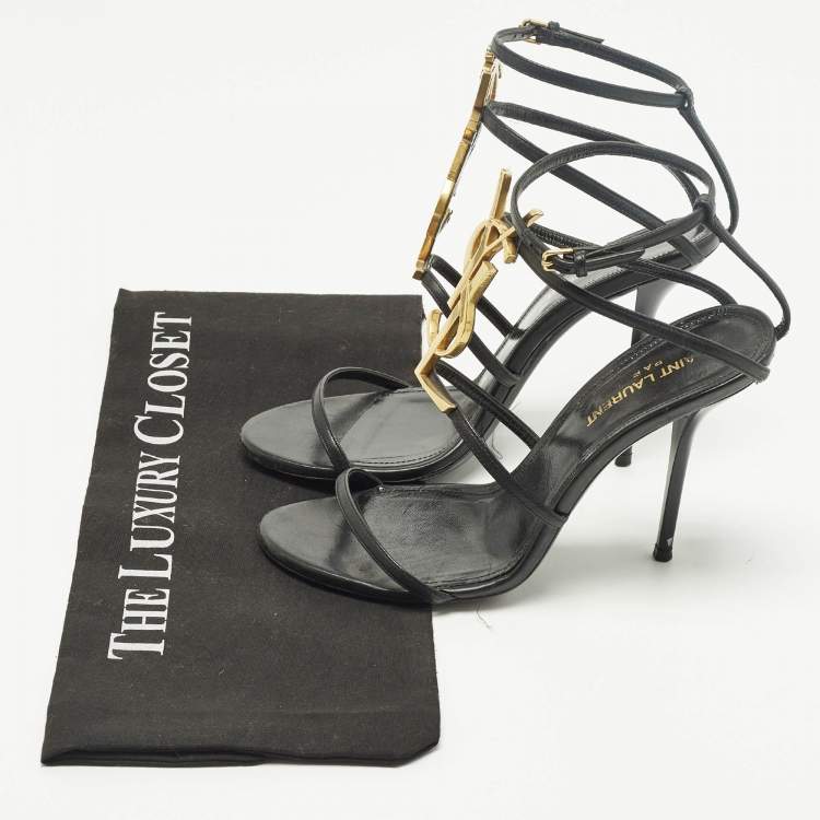 Pre Owned Saint Laurent Cassandra Size 37 Black Patent Leather Ankle Strap Sandals