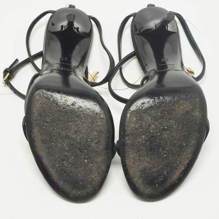 Pre Owned Saint Laurent Cassandra Size 37 Black Patent Leather Ankle Strap Sandals