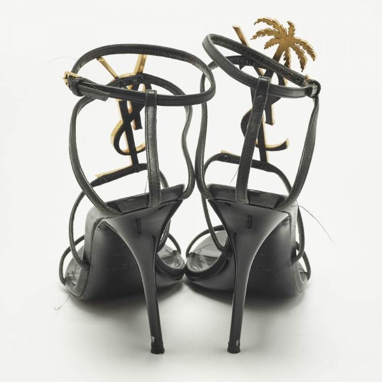 Pre Owned Saint Laurent Cassandra Size 37 Black Patent Leather Ankle Strap Sandals