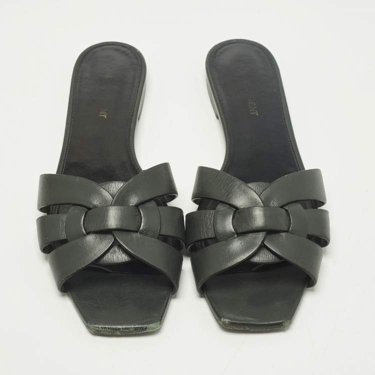 Pre Owned Saint Laurent Tribute Size 39 Black Leather Flat Slide