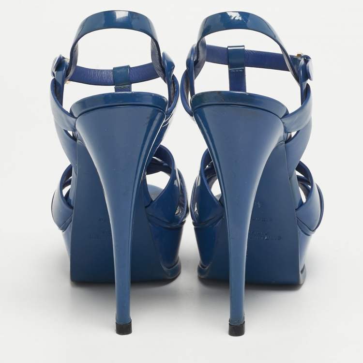 Pre Owned Saint Laurent Size 40 Blue Patent Leather Platform Sandals