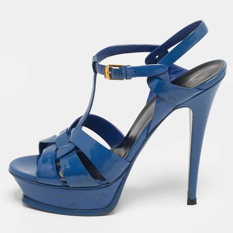 Pre Owned Saint Laurent Size 40 Blue Patent Leather Platform Sandals
