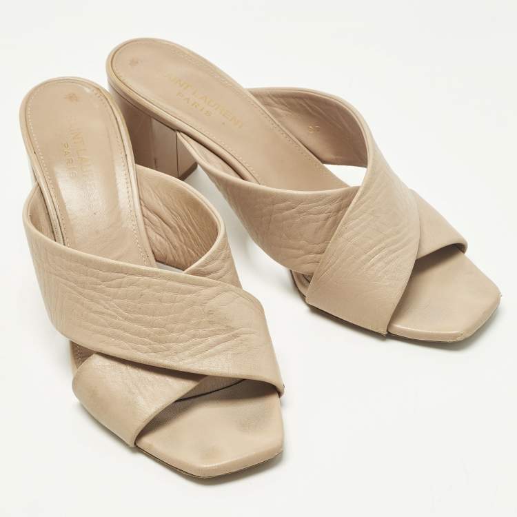 Pre Owned Saint Laurent Paris Loulou Size 38.5 Beige Leather Slide Sandals