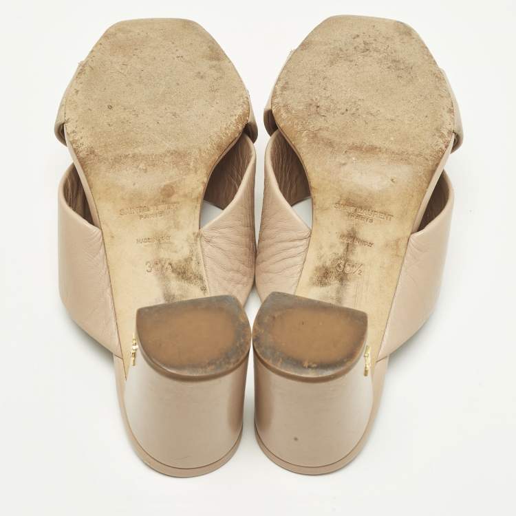 Pre Owned Saint Laurent Paris Loulou Size 38.5 Beige Leather Slide Sandals