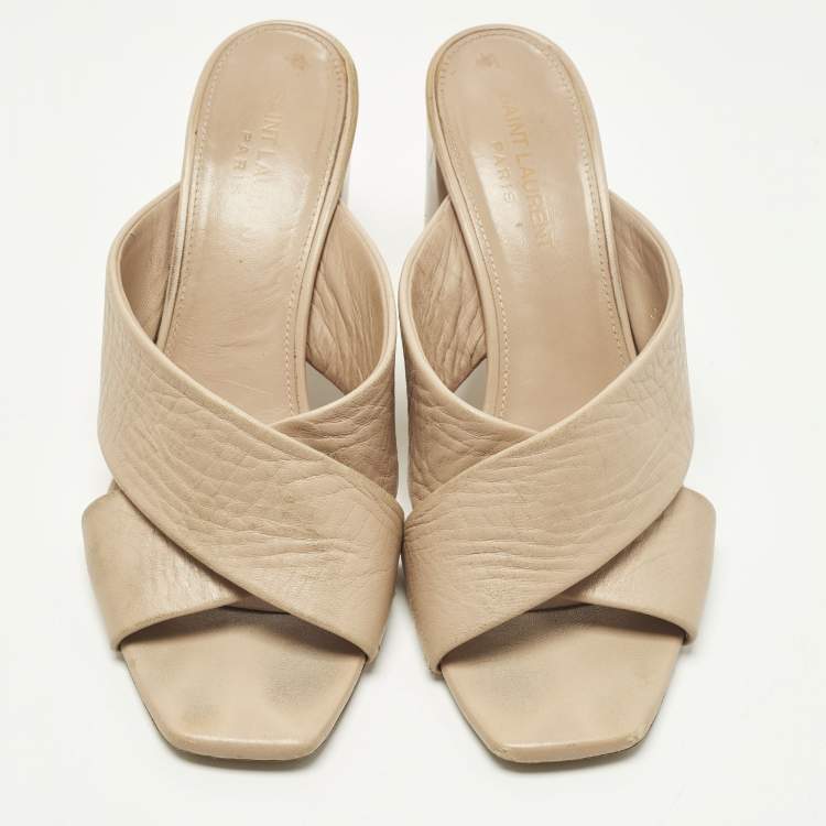 Pre Owned Saint Laurent Paris Loulou Size 38.5 Beige Leather Slide Sandals
