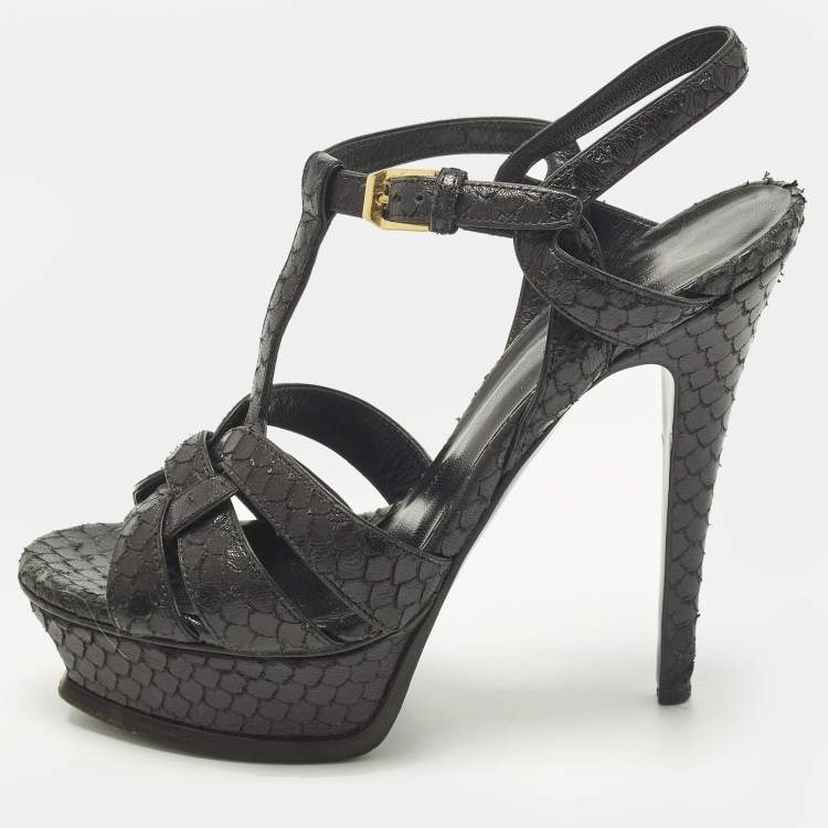 مملوكة مسبقًا Saint Laurent Tribute Size 36.5 Black Snakeskin Embossed Leather Platform Sandals