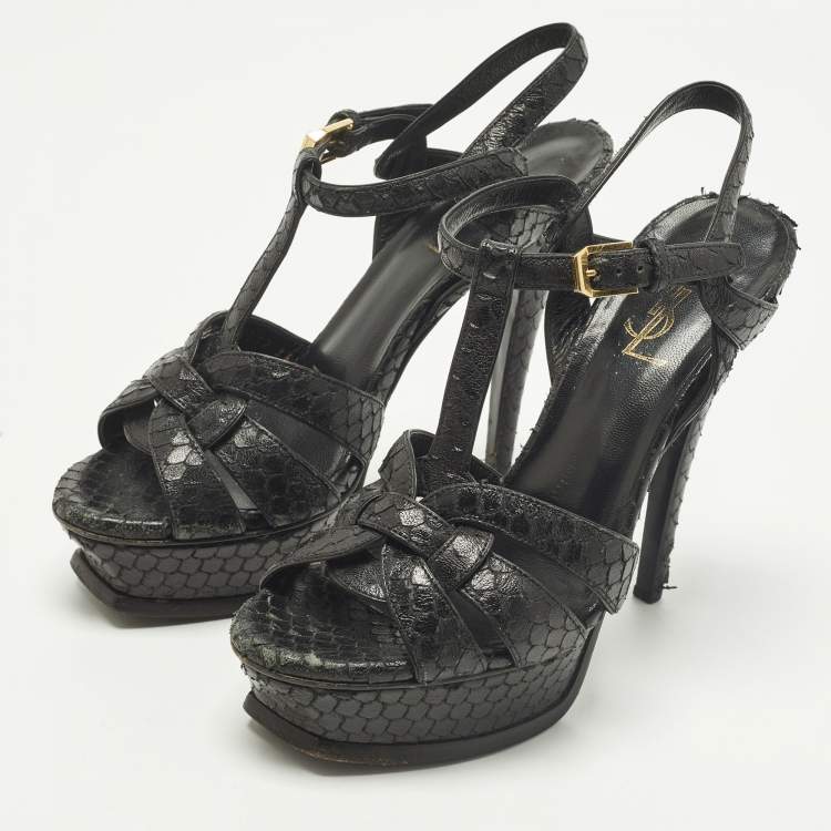 مملوكة مسبقًا Saint Laurent Tribute Size 36.5 Black Snakeskin Embossed Leather Platform Sandals