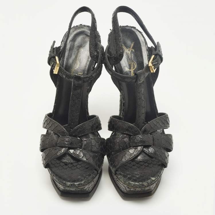 مملوكة مسبقًا Saint Laurent Tribute Size 36.5 Black Snakeskin Embossed Leather Platform Sandals