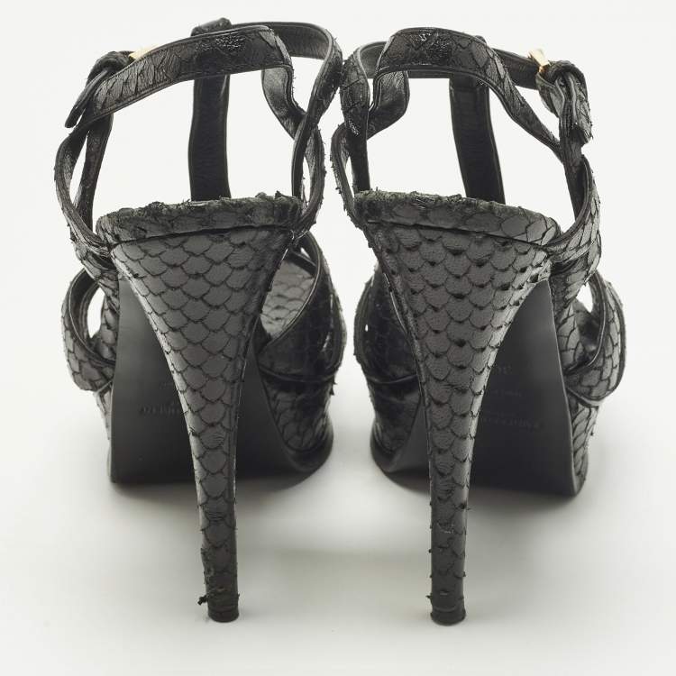 مملوكة مسبقًا Saint Laurent Tribute Size 36.5 Black Snakeskin Embossed Leather Platform Sandals