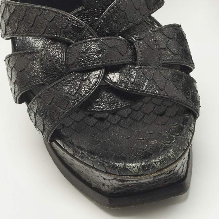 مملوكة مسبقًا Saint Laurent Tribute Size 36.5 Black Snakeskin Embossed Leather Platform Sandals