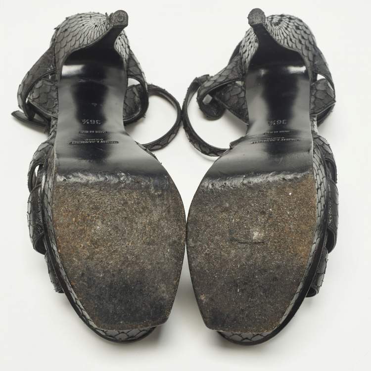 مملوكة مسبقًا Saint Laurent Tribute Size 36.5 Black Snakeskin Embossed Leather Platform Sandals