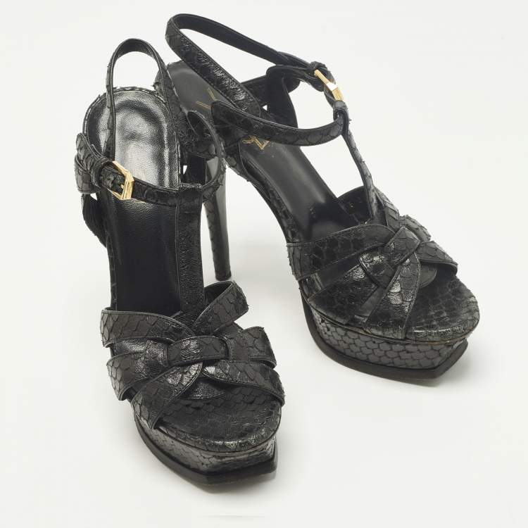مملوكة مسبقًا Saint Laurent Tribute Size 36.5 Black Snakeskin Embossed Leather Platform Sandals