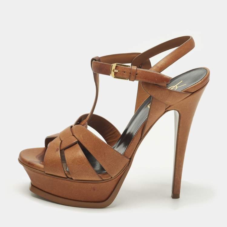 Pre Owned Saint Laurent Tribute Size 37 Brown Leather Platform Sandals