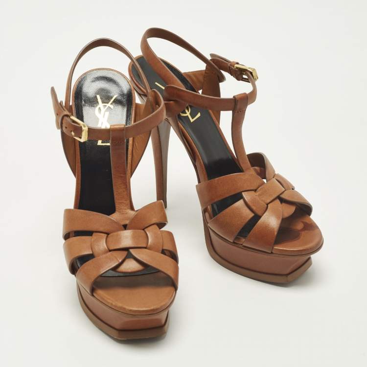 Pre Owned Saint Laurent Tribute Size 37 Brown Leather Platform Sandals