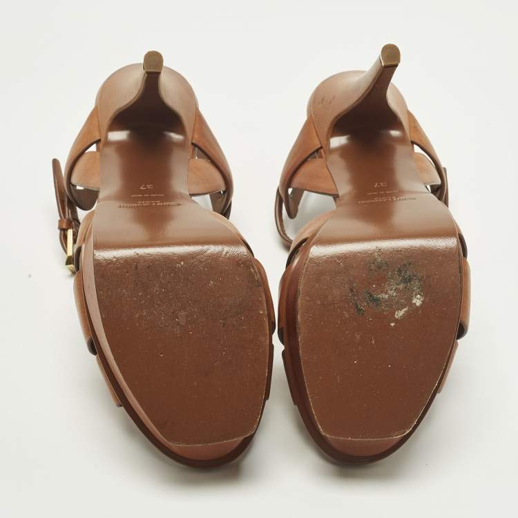 Pre Owned Saint Laurent Tribute Size 37 Brown Leather Platform Sandals