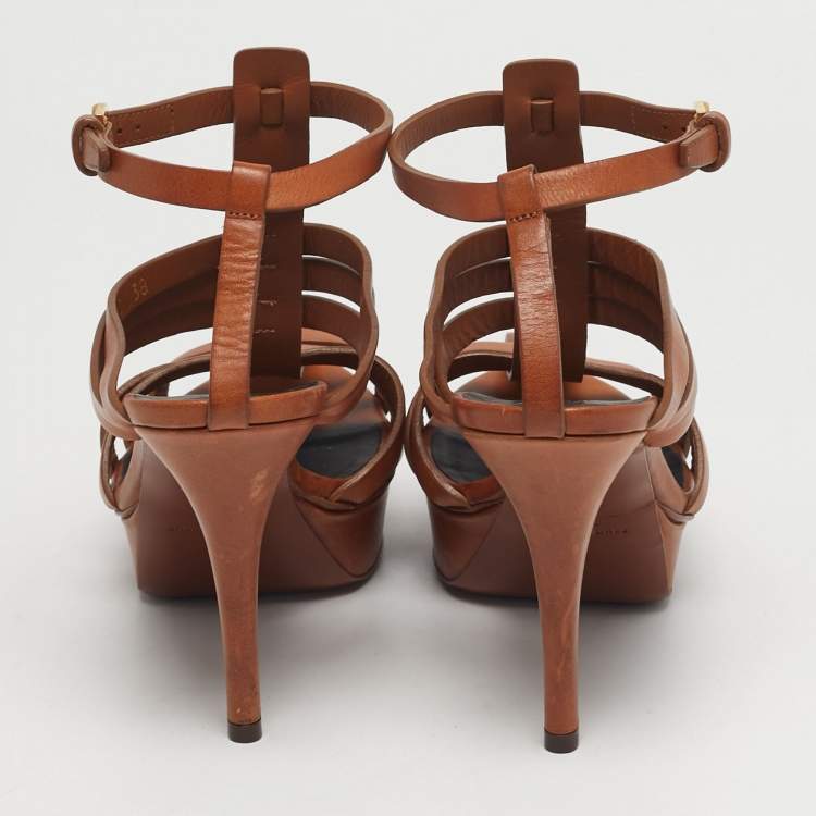 مملوكة مسبقًا Saint Laurent  Size 38 Brown Leather Ankle Strap Sandals