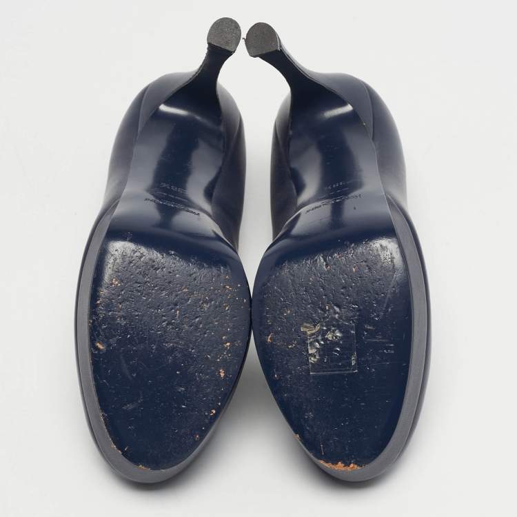 Pre Owned Saint Laurent Tribtoo Size 38.5 Navy Blue Leather Platform Pumps