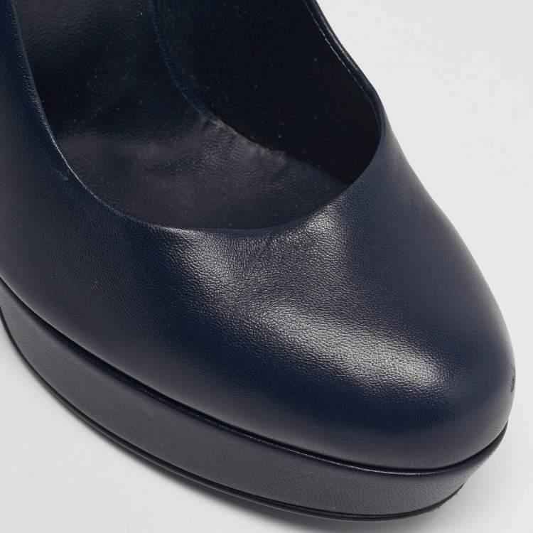 Pre Owned Saint Laurent Tribtoo Size 38.5 Navy Blue Leather Platform Pumps