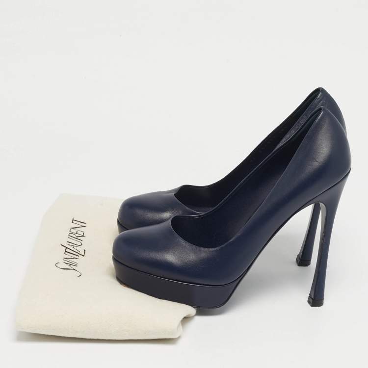 Pre Owned Saint Laurent Tribtoo Size 38.5 Navy Blue Leather Platform Pumps