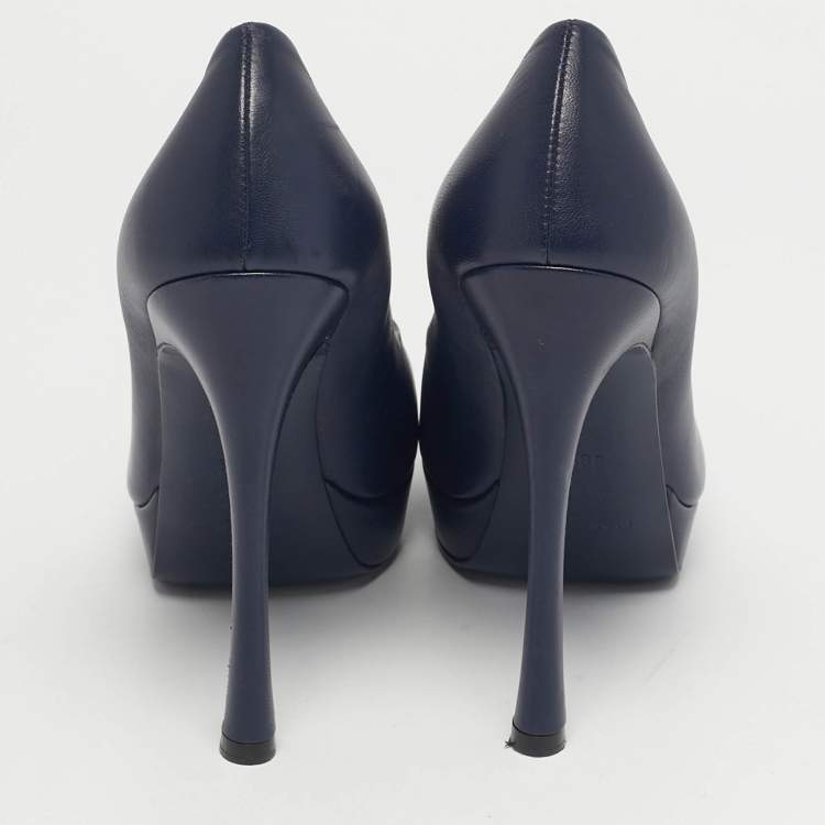 Pre Owned Saint Laurent Tribtoo Size 38.5 Navy Blue Leather Platform Pumps