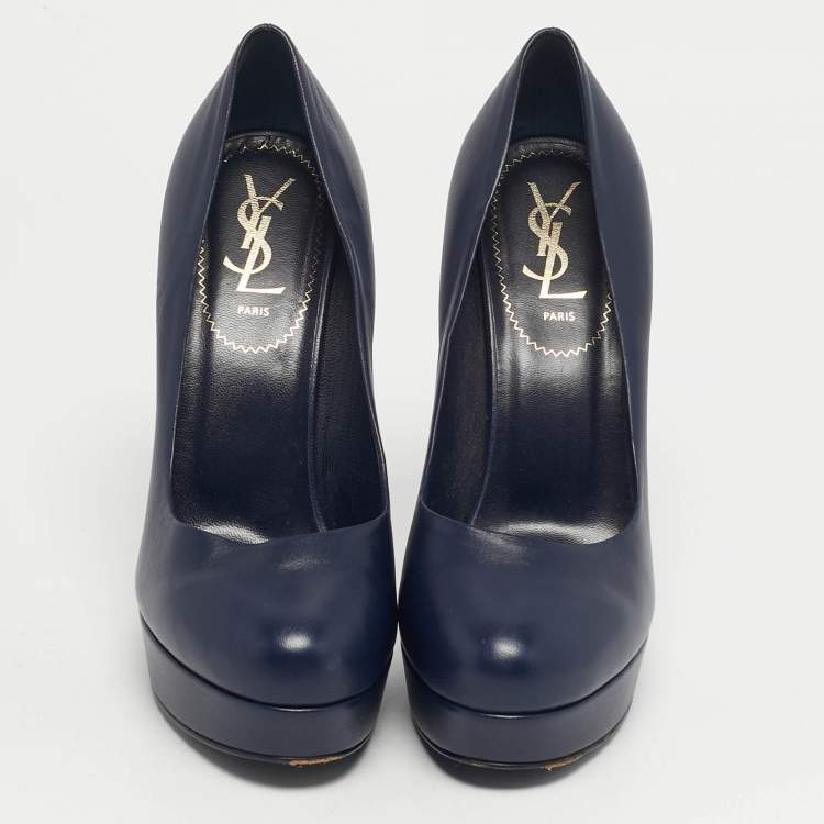 Pre Owned Saint Laurent Tribtoo Size 38.5 Navy Blue Leather Platform Pumps