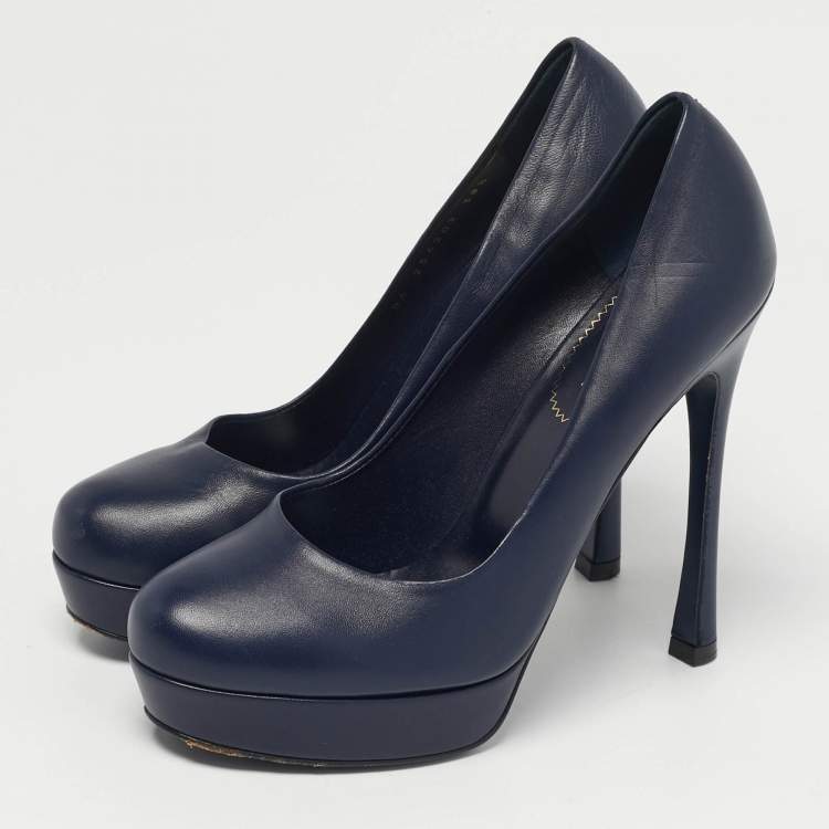 Pre Owned Saint Laurent Tribtoo Size 38.5 Navy Blue Leather Platform Pumps
