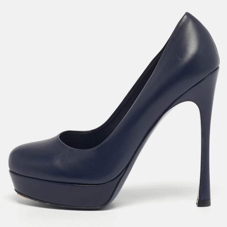 Pre Owned Saint Laurent Tribtoo Size 38.5 Navy Blue Leather Platform Pumps
