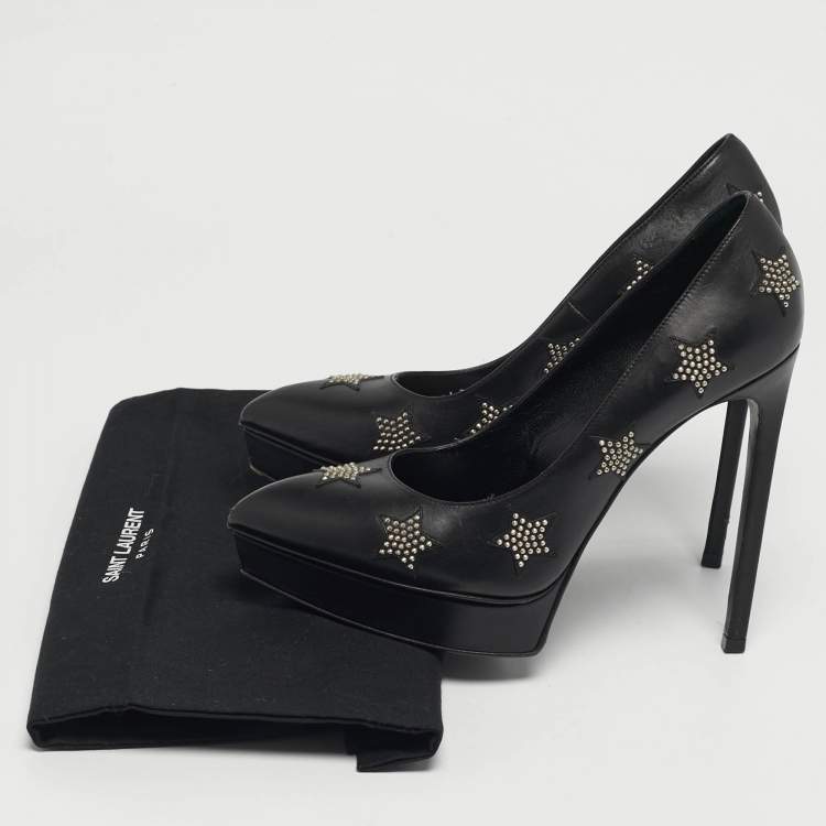 مملوكة مسبقًا Saint Laurent Paris Janis Size 37.5 Black Leather Studded  Pumps