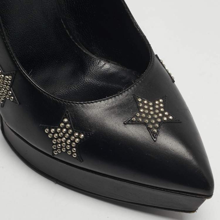 مملوكة مسبقًا Saint Laurent Paris Janis Size 37.5 Black Leather Studded  Pumps