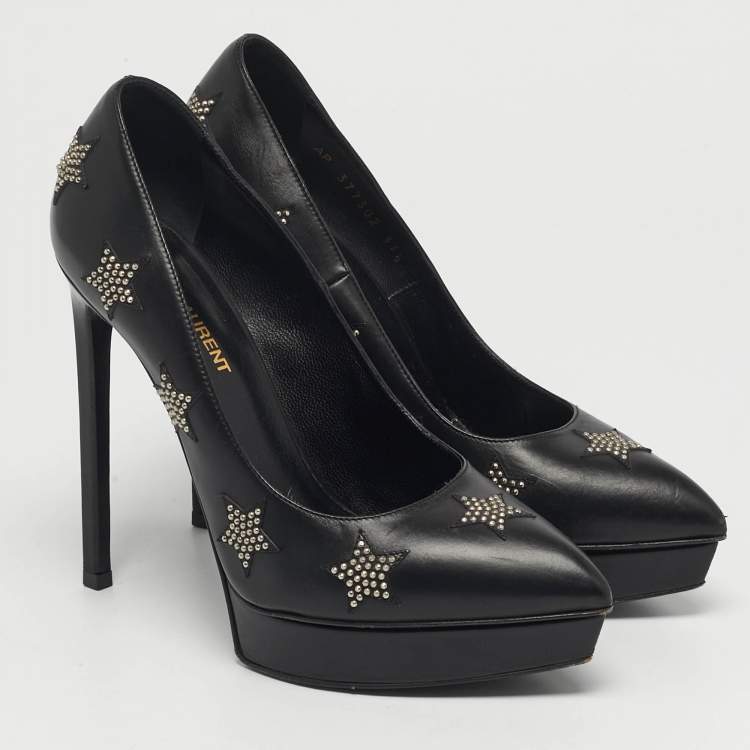 مملوكة مسبقًا Saint Laurent Paris Janis Size 37.5 Black Leather Studded  Pumps