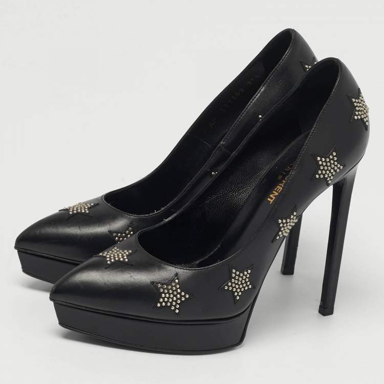 مملوكة مسبقًا Saint Laurent Paris Janis Size 37.5 Black Leather Studded  Pumps